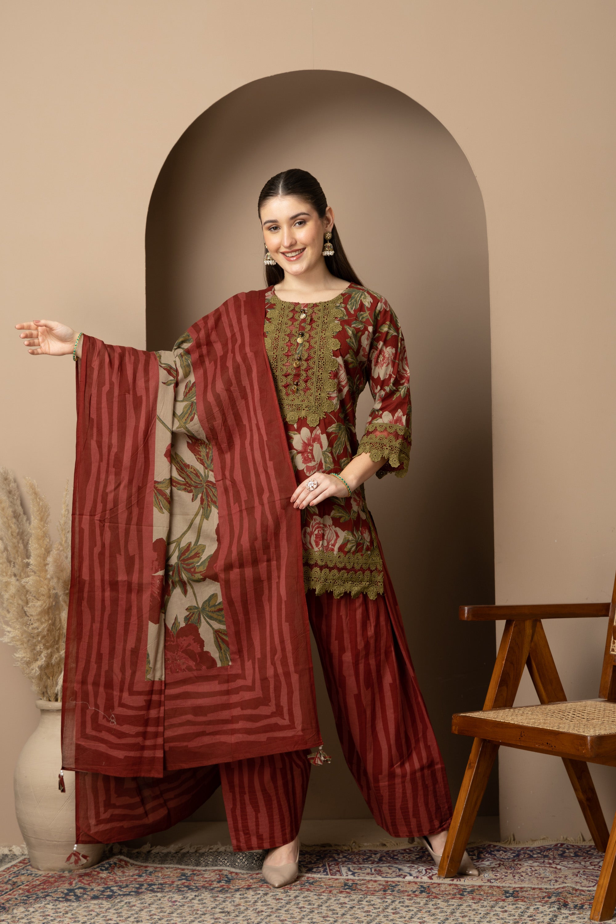 Rust Floral Printed Kurta With Striped  Farshi salwar