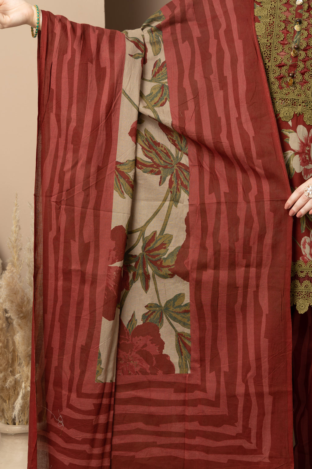 Rust Floral Printed Kurta With Striped  Farshi salwar