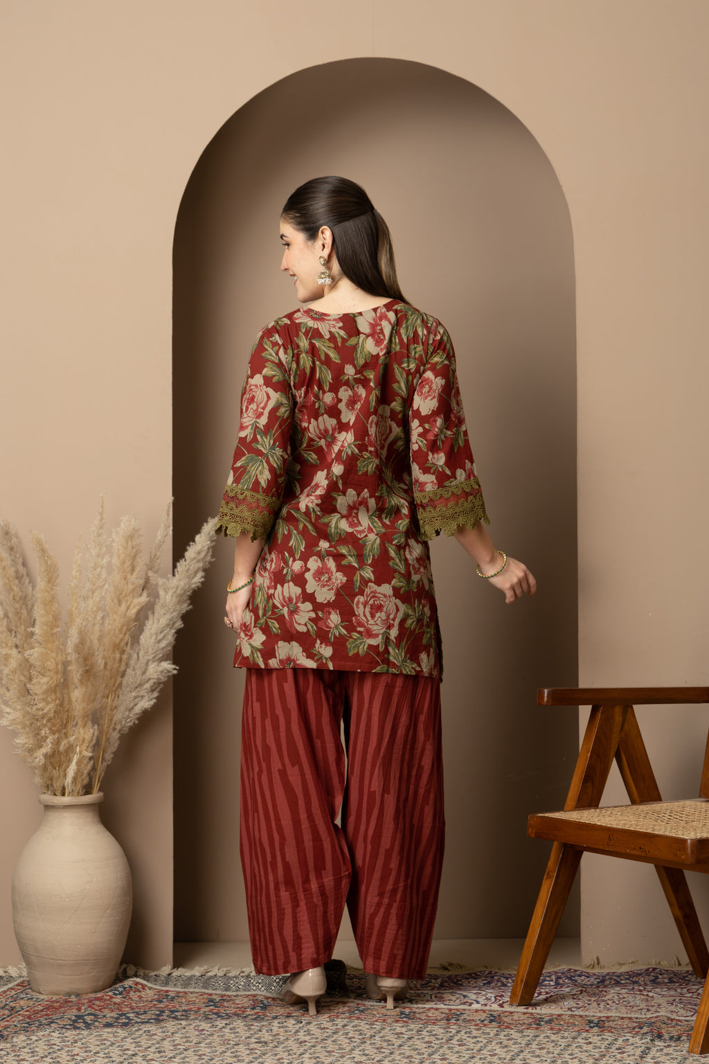 Rust Floral Printed Kurta With Striped  Farshi salwar