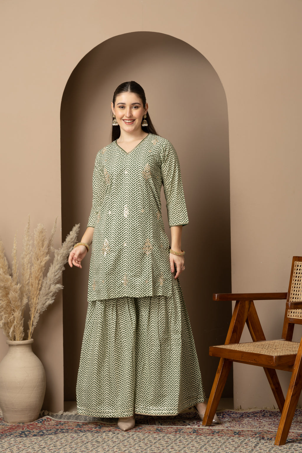 Sage Green Chevron Printed Kurta Dupatta & Sharara Set