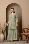 Sage Green Chevron Printed Kurta Dupatta & Sharara Set