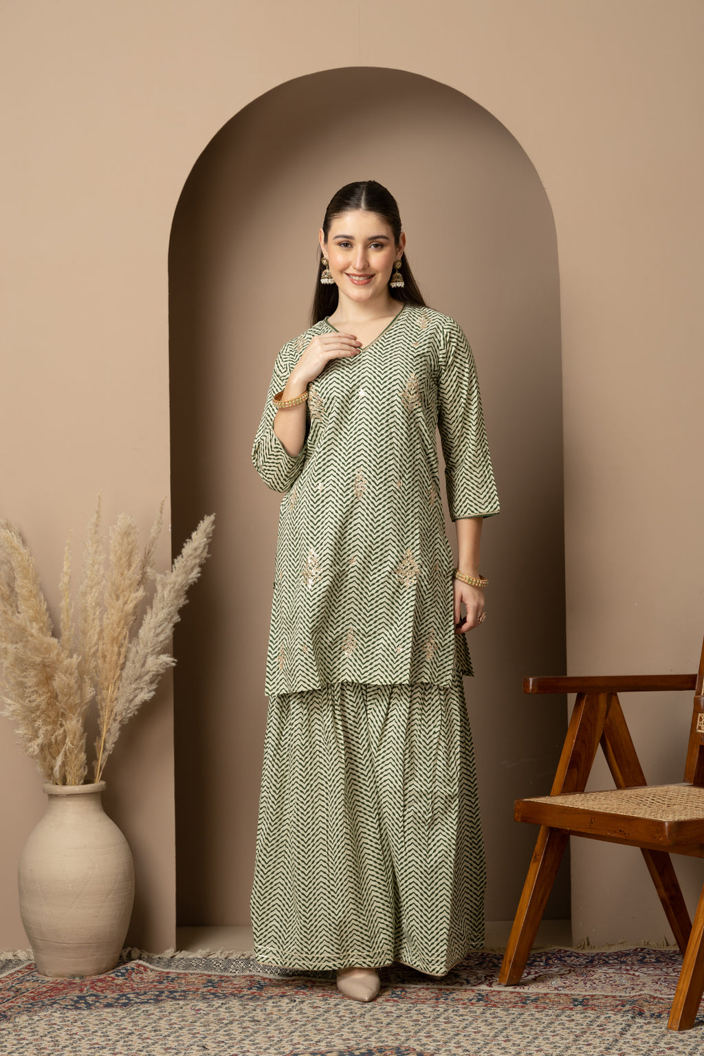 Sage Green Chevron Printed Kurta Dupatta & Sharara Set