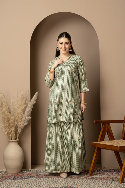 Sage Green Chevron Printed Kurta Dupatta & Sharara Set