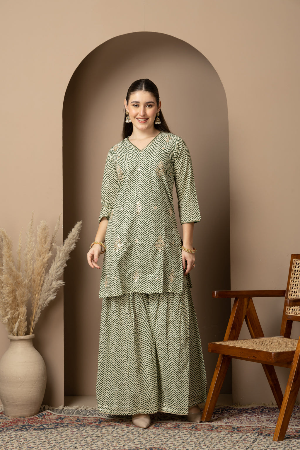 Sage Green Chevron Printed Kurta Dupatta & Sharara Set