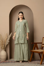 Sage Green Chevron Printed Kurta Dupatta & Sharara Set