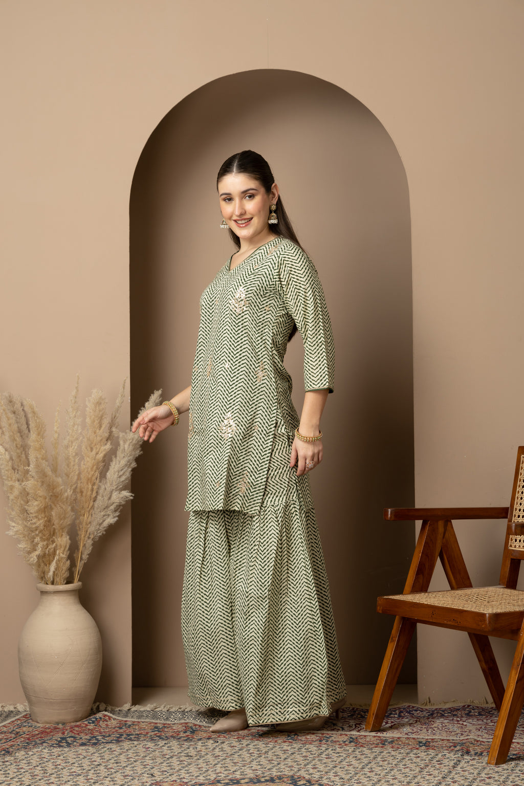 Sage Green Chevron Printed Kurta Dupatta & Sharara Set