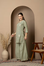 Sage Green Chevron Printed Kurta Dupatta & Sharara Set