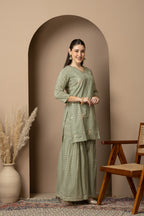 Sage Green Chevron Printed Kurta Dupatta & Sharara Set