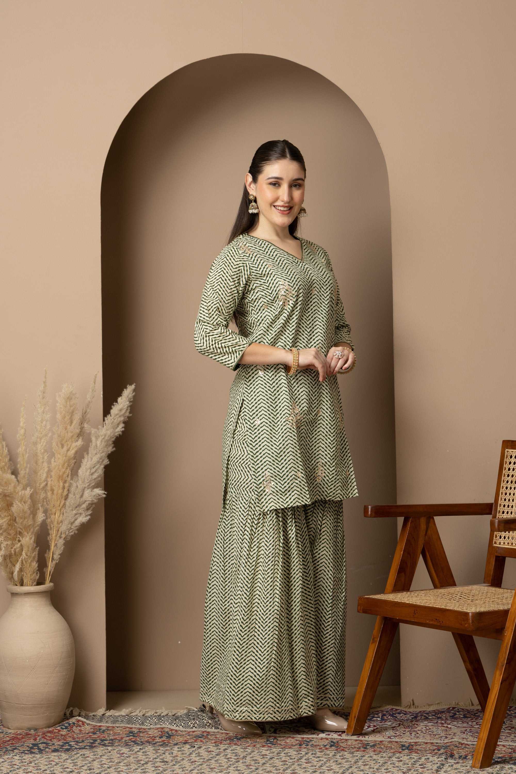 Sage Green Chevron Printed Kurta Dupatta & Sharara Set