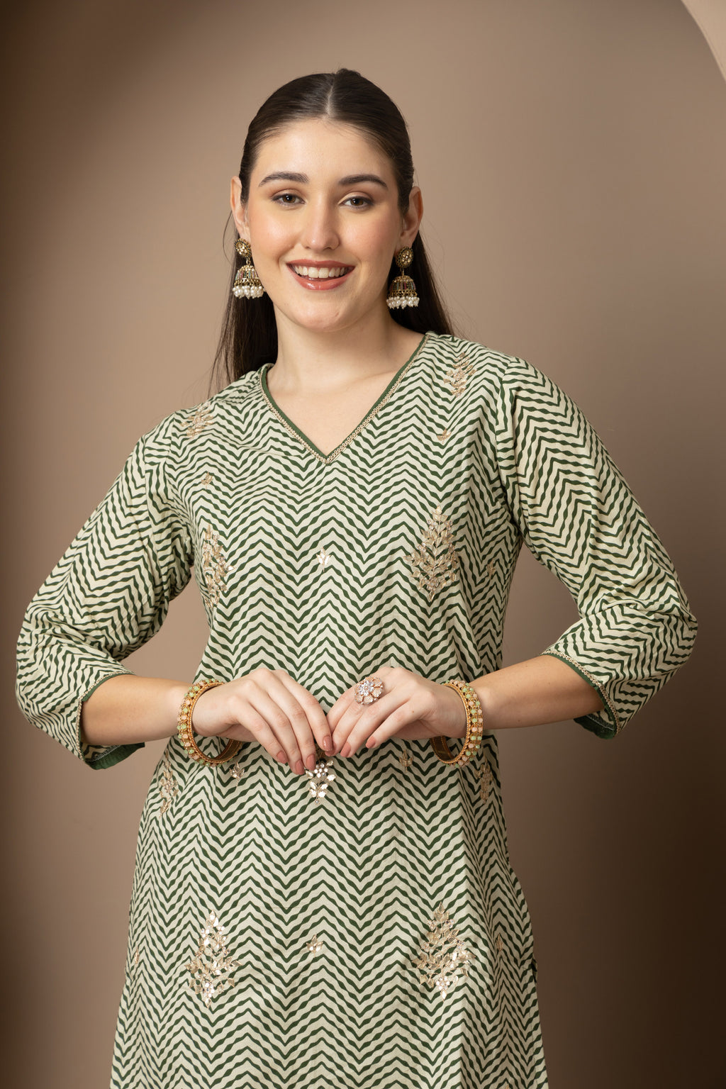 Sage Green Chevron Printed Kurta Dupatta & Sharara Set