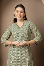 Sage Green Chevron Printed Kurta Dupatta & Sharara Set