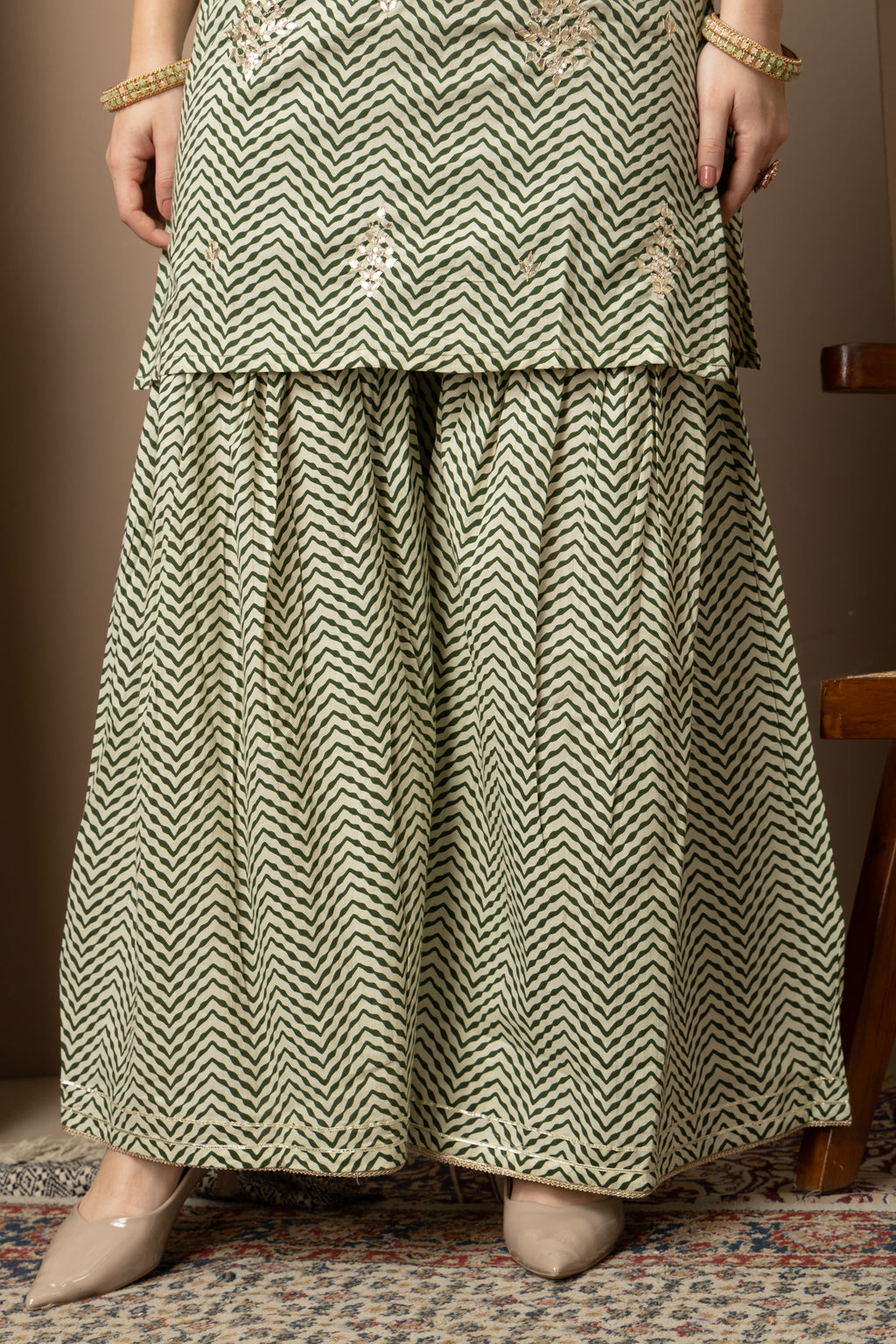 Sage Green Chevron Printed Kurta Dupatta & Sharara Set