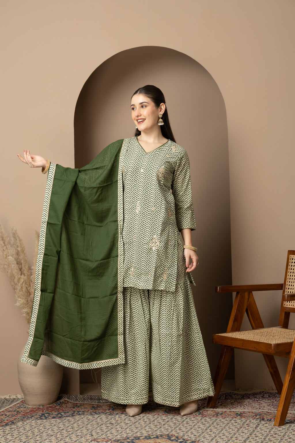 Sage Green Chevron Printed Kurta Dupatta & Sharara Set