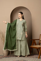 Sage Green Chevron Printed Kurta Dupatta & Sharara Set