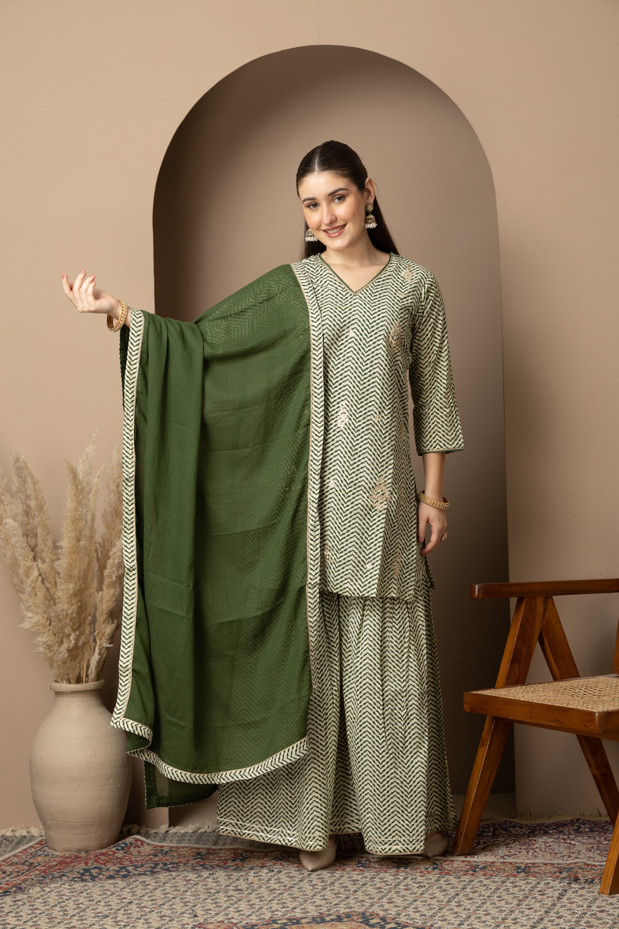 Sage Green Chevron Printed Kurta Dupatta & Sharara Set