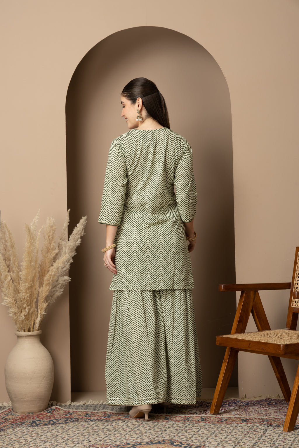 Sage Green Chevron Printed Kurta Dupatta & Sharara Set