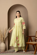 Pastel Lime Green Embroidered A-Line Kurta & Pant Set