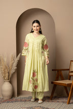 Pastel Lime Green Embroidered A-Line Kurta & Pant Set