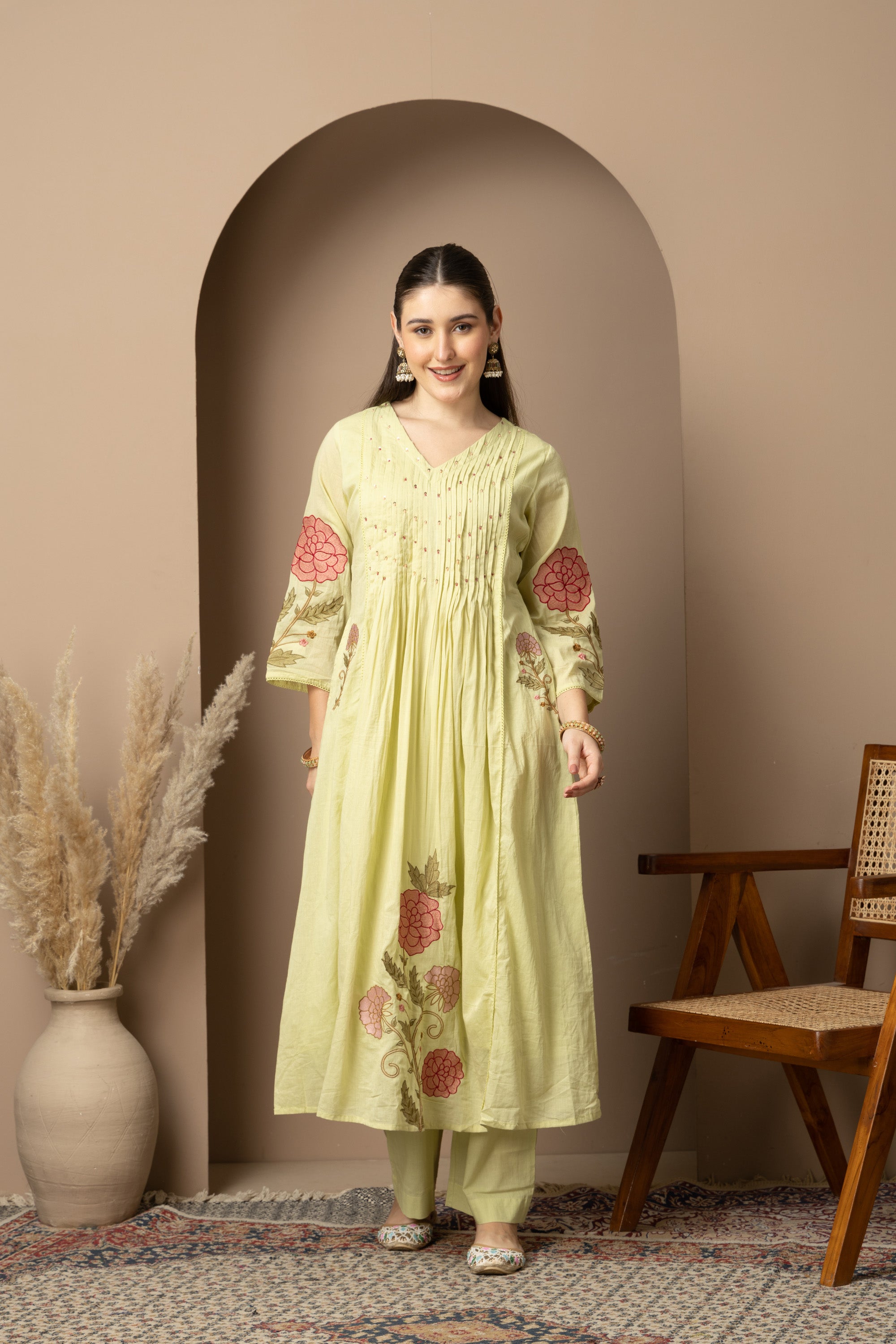 Pastel Lime Green Embroidered A-Line Kurta & Pant Set