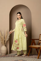 Pastel Lime Green Embroidered A-Line Kurta & Pant Set