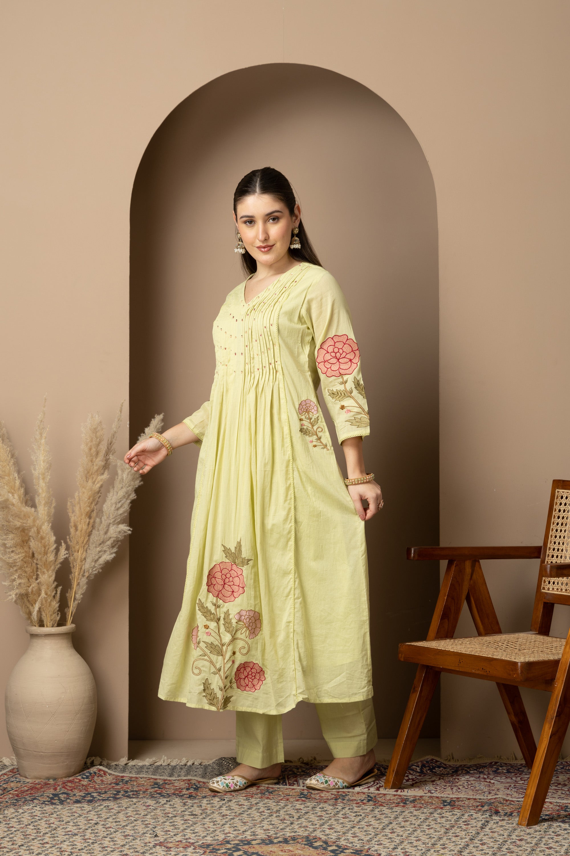Pastel Lime Green Embroidered A-Line Kurta & Pant Set