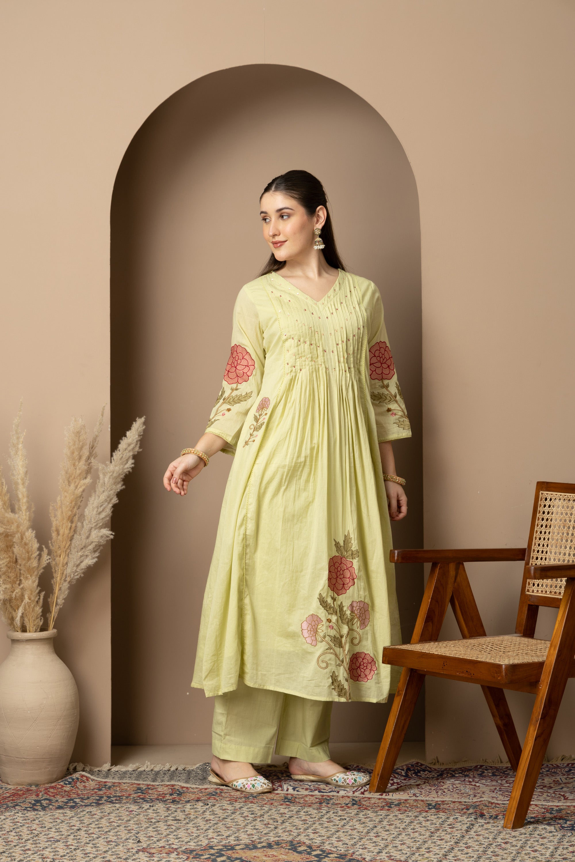 Pastel Lime Green Embroidered A-Line Kurta & Pant Set