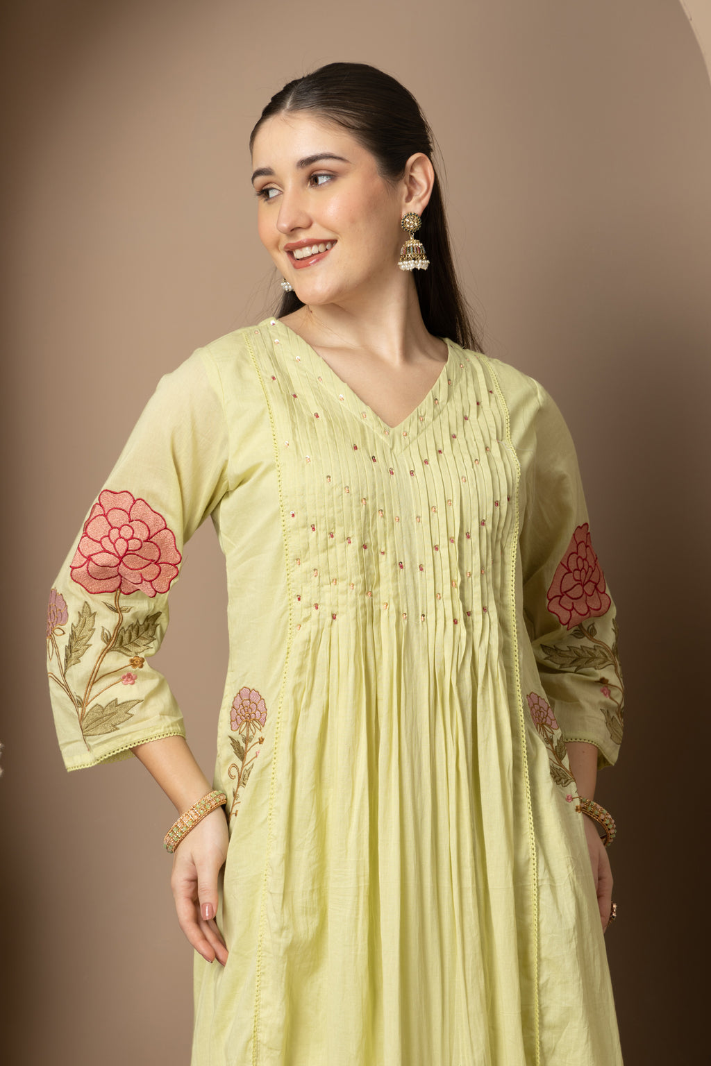 Pastel Lime Green Embroidered A-Line Kurta & Pant Set