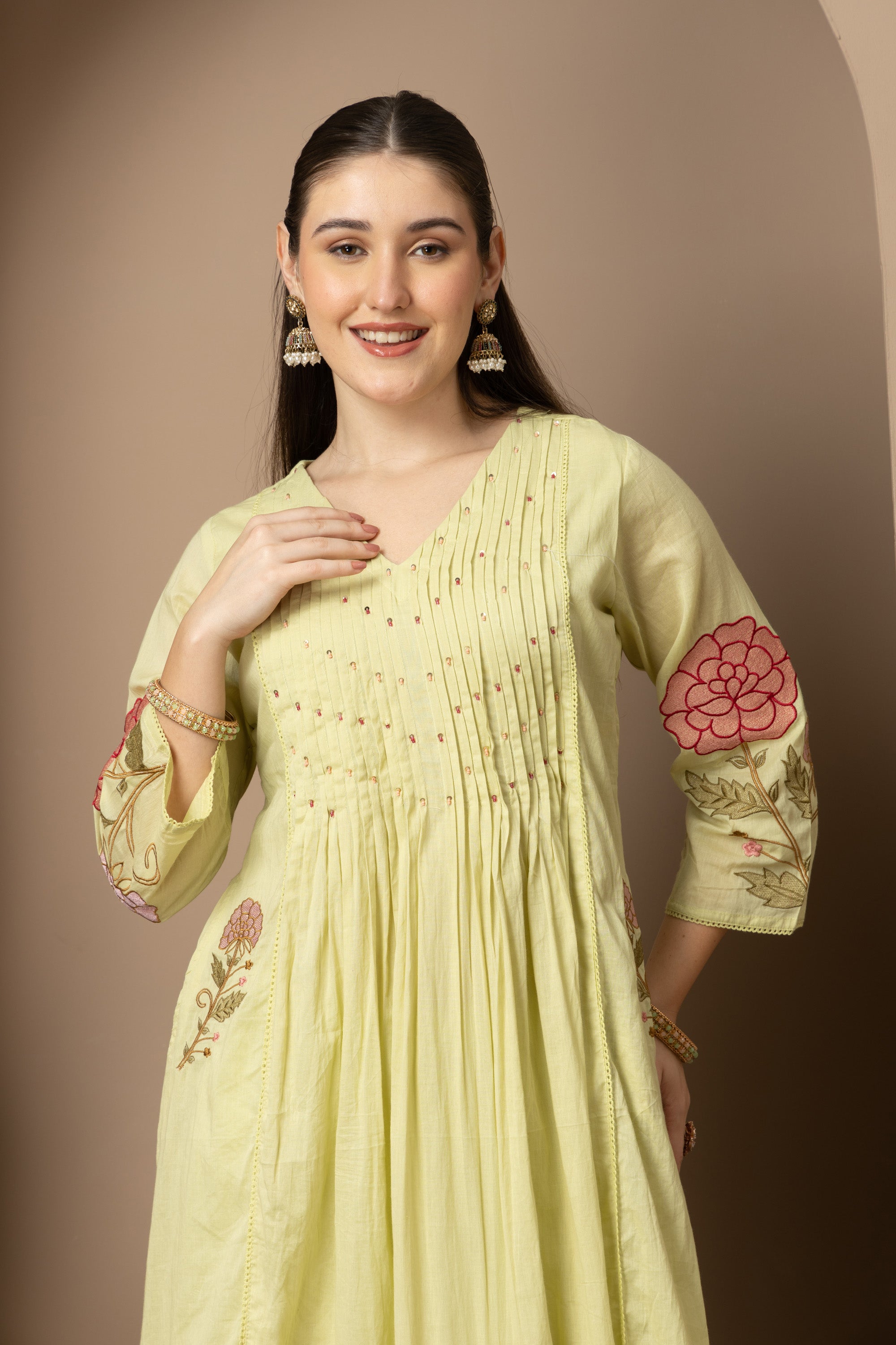 Pastel Lime Green Embroidered A-Line Kurta & Pant Set