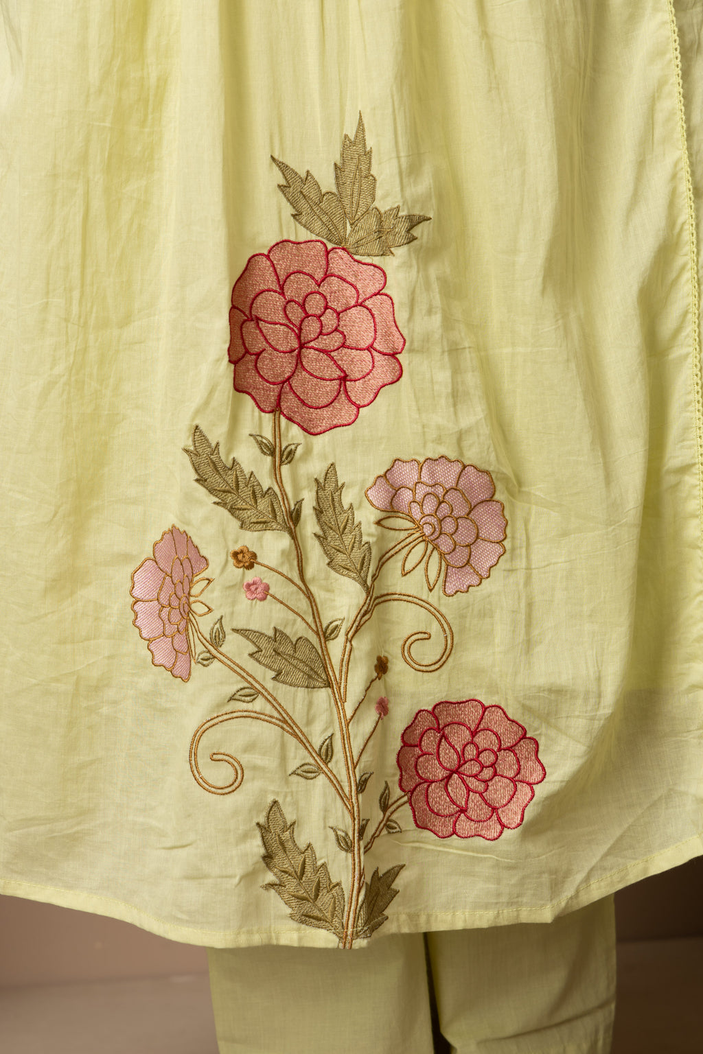 Pastel Lime Green Embroidered A-Line Kurta & Pant Set