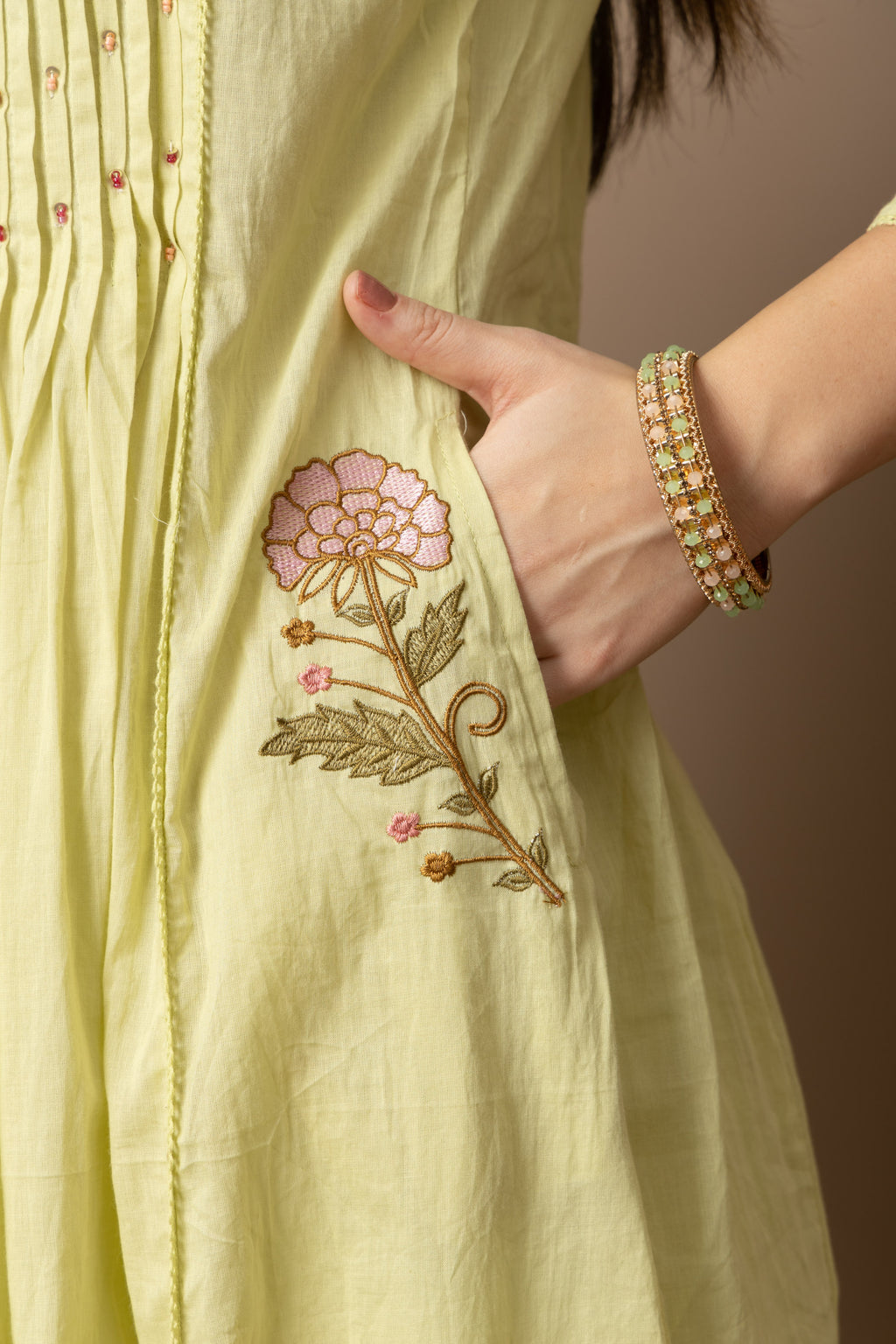Pastel Lime Green Embroidered A-Line Kurta & Pant Set