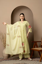 Pastel Lime Green Embroidered A-Line Kurta & Pant Set