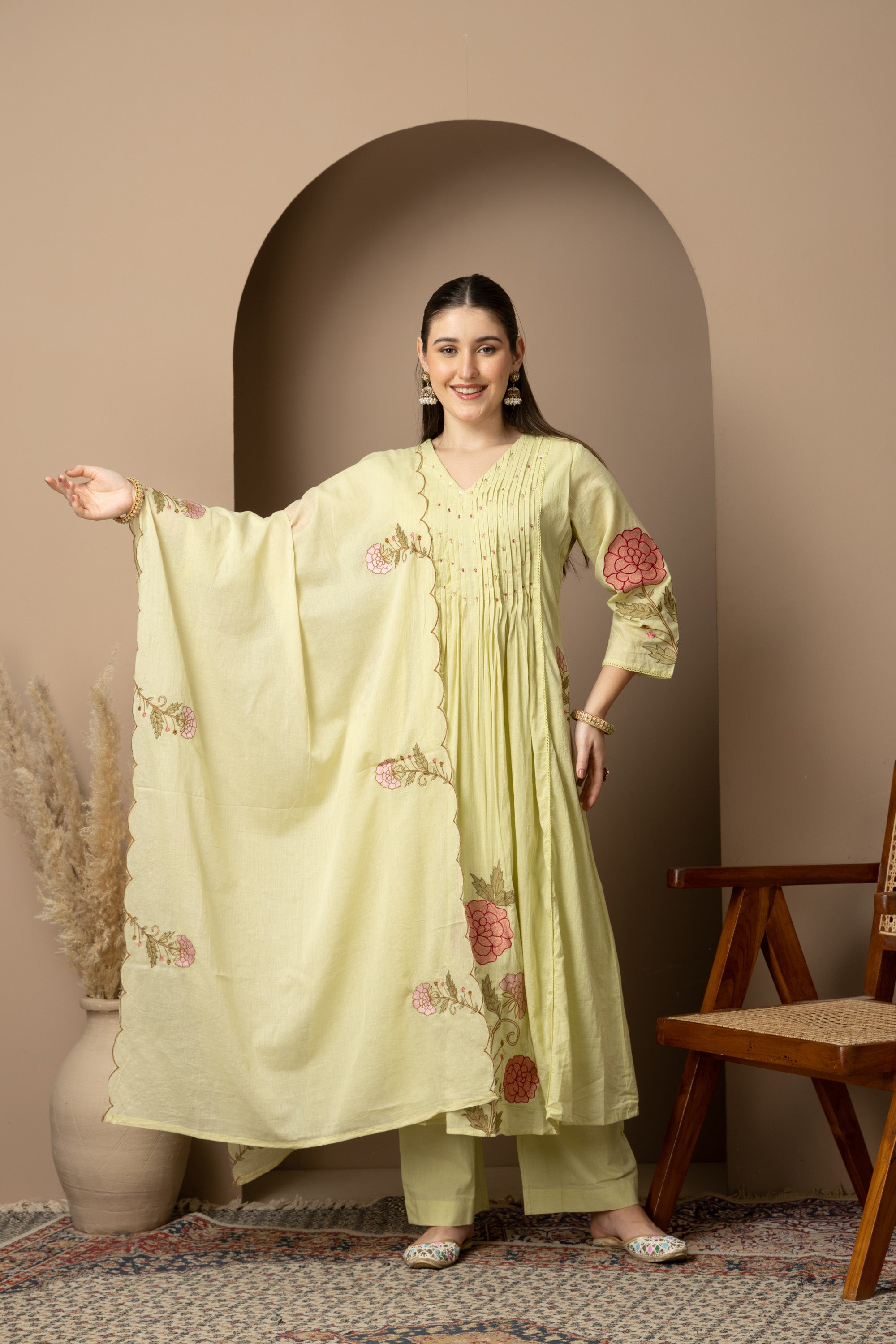Pastel Lime Green Embroidered A-Line Kurta & Pant Set