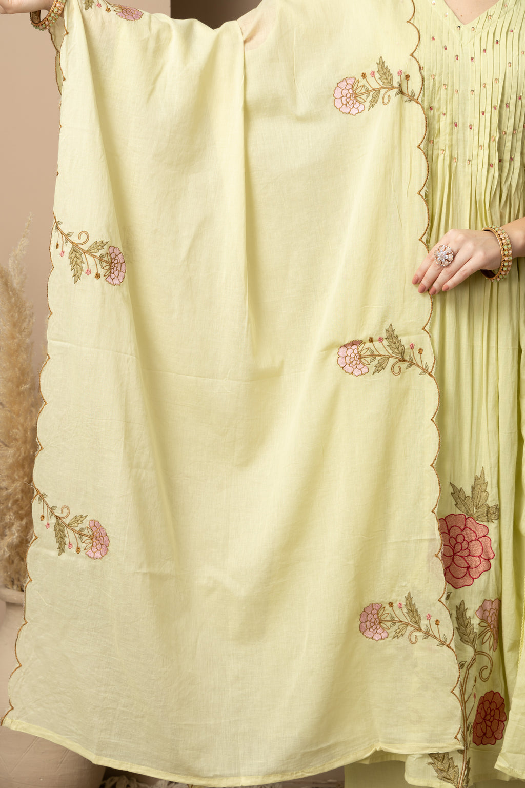 Pastel Lime Green Embroidered A-Line Kurta & Pant Set