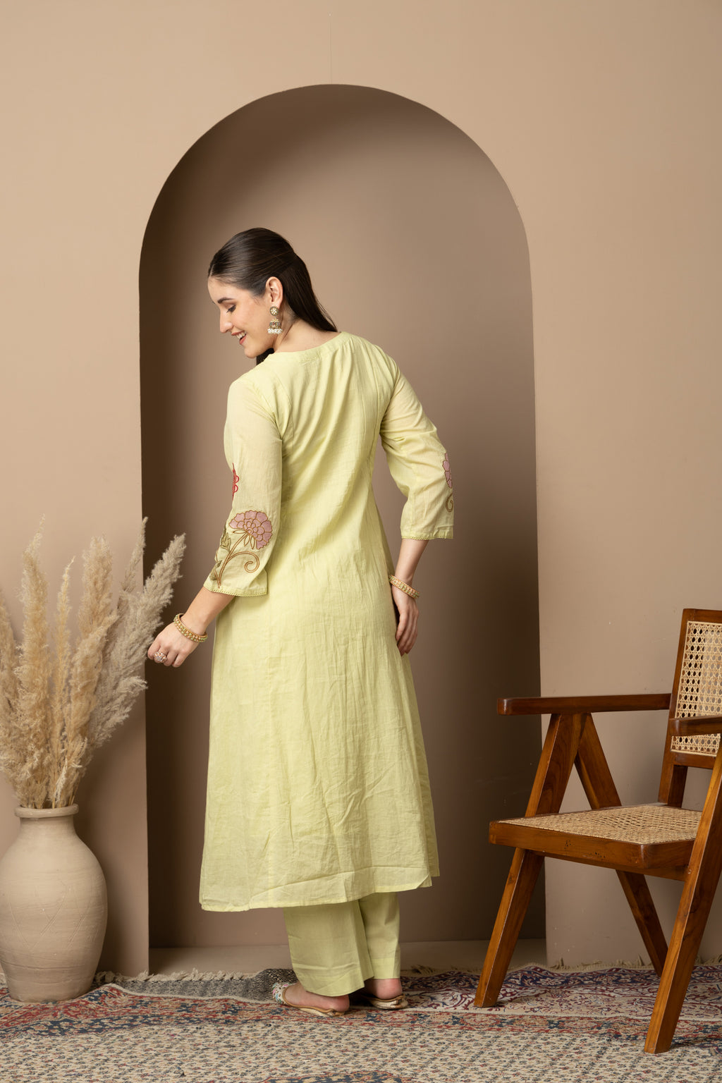 Pastel Lime Green Embroidered A-Line Kurta & Pant Set