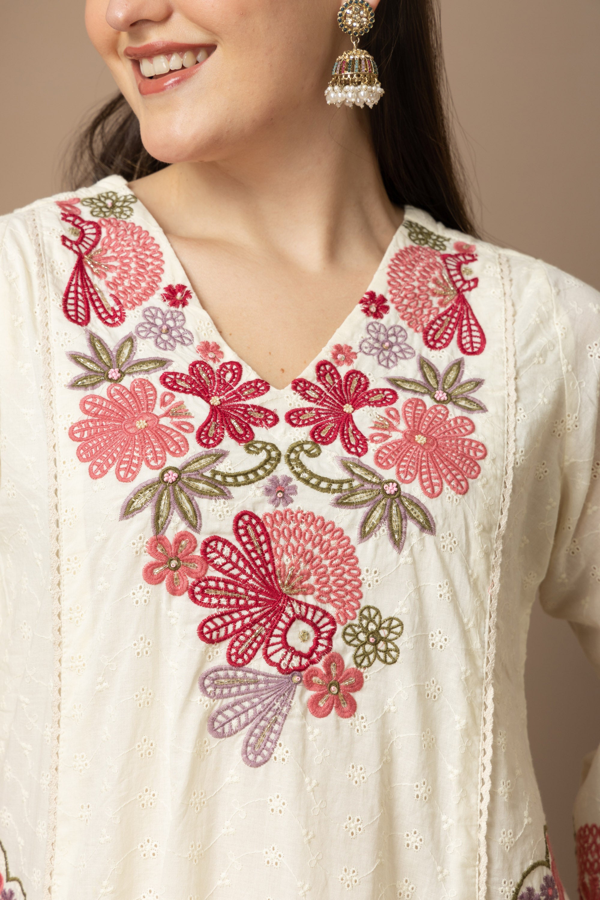 Ivory Floral Embroidered Kurta & Pant Set