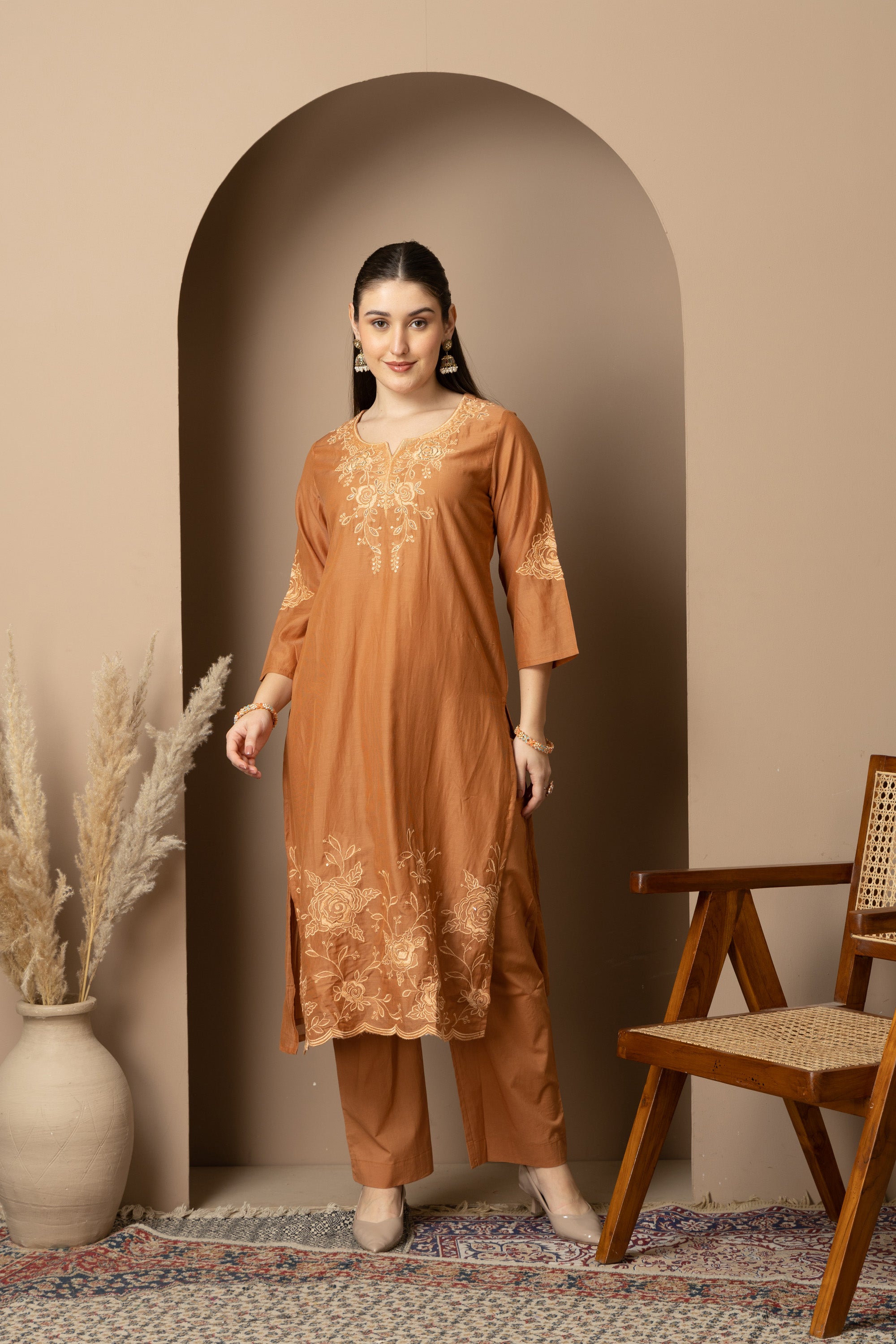 Rust Brown Embroidered Kurta & Pant Set