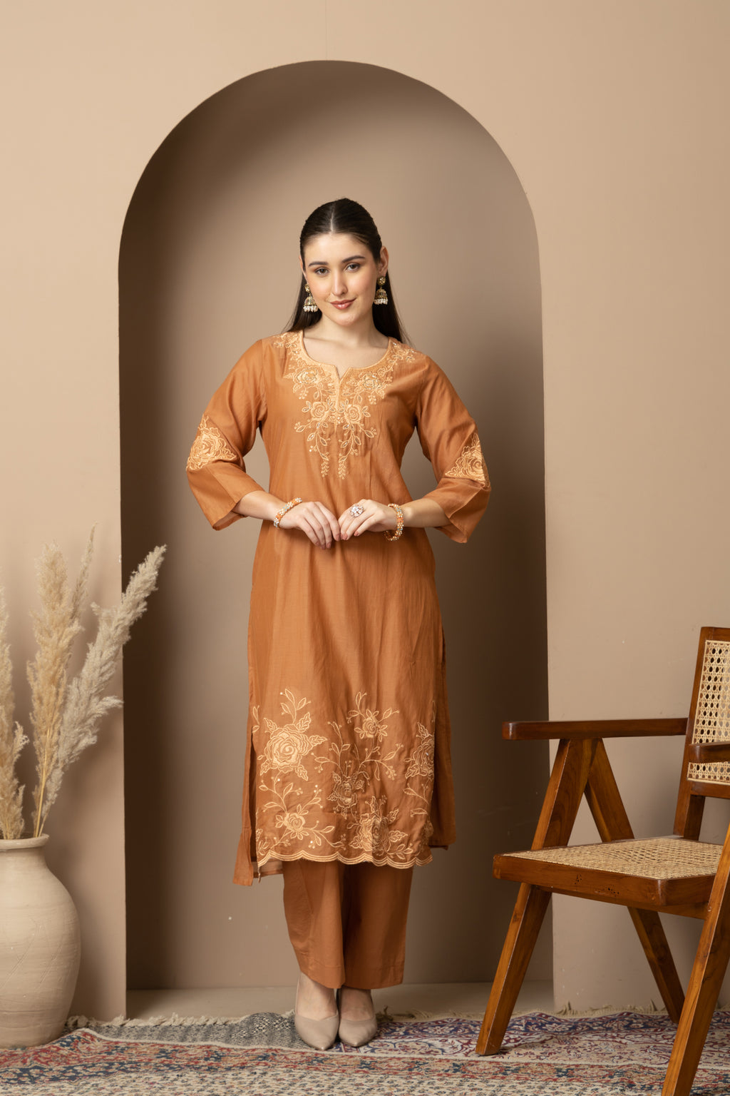 Rust Brown Embroidered Kurta & Pant Set