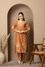 Rust Brown Embroidered Kurta & Pant Set