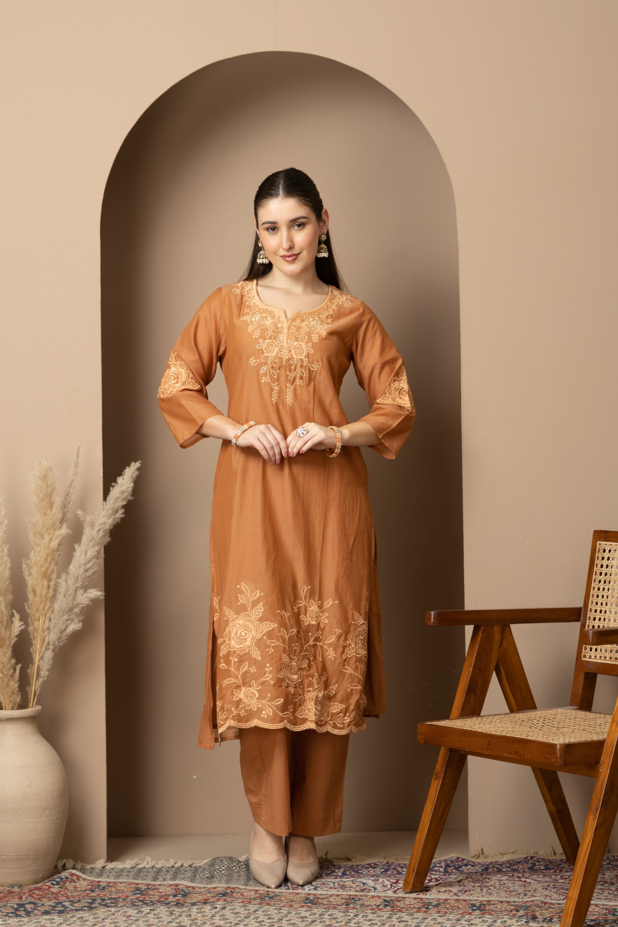 Rust Brown Embroidered Kurta & Pant Set