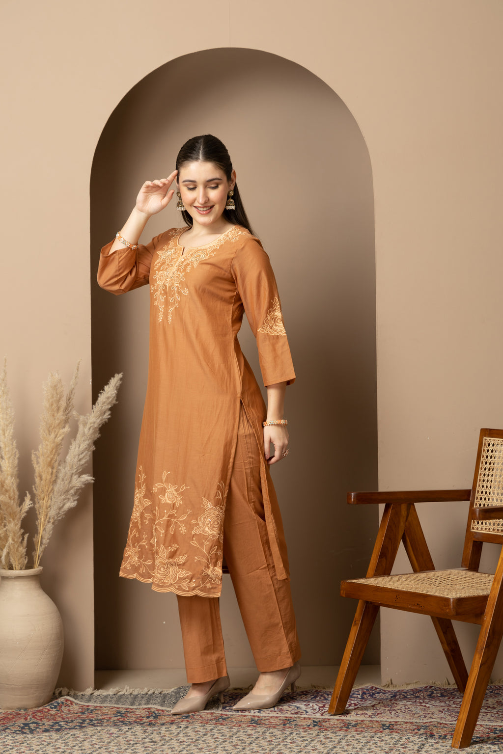 Rust Brown Embroidered Kurta & Pant Set