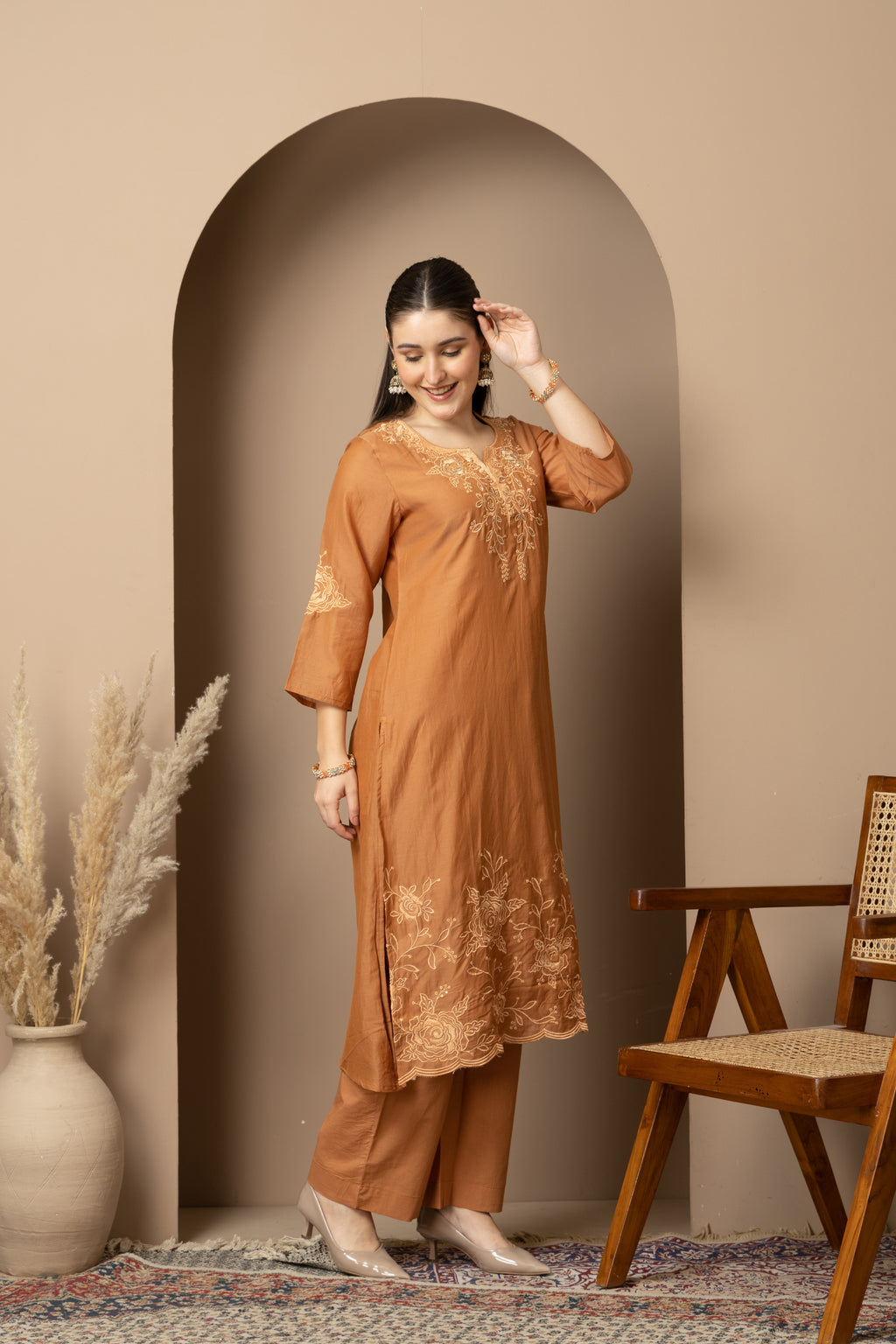 Rust Brown Embroidered Kurta & Pant Set