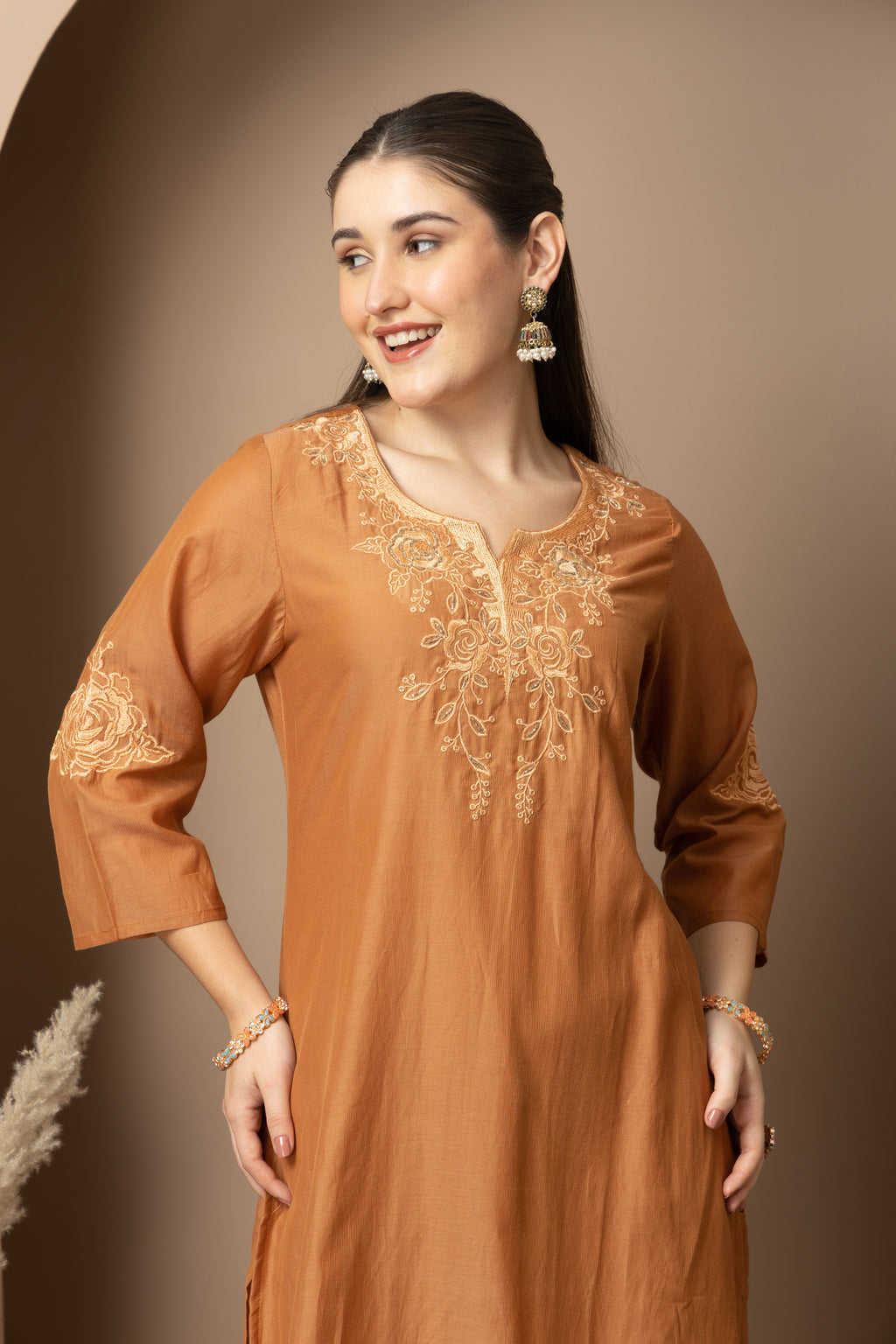 Rust Brown Embroidered Kurta & Pant Set