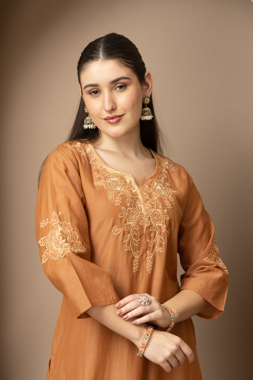Rust Brown Embroidered Kurta & Pant Set