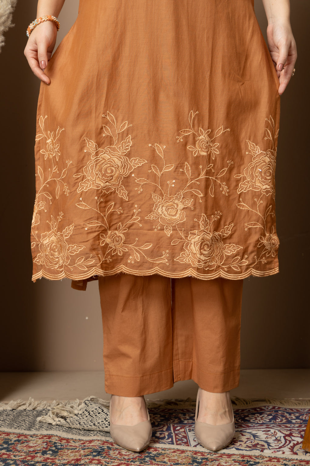 Rust Brown Embroidered Kurta & Pant Set