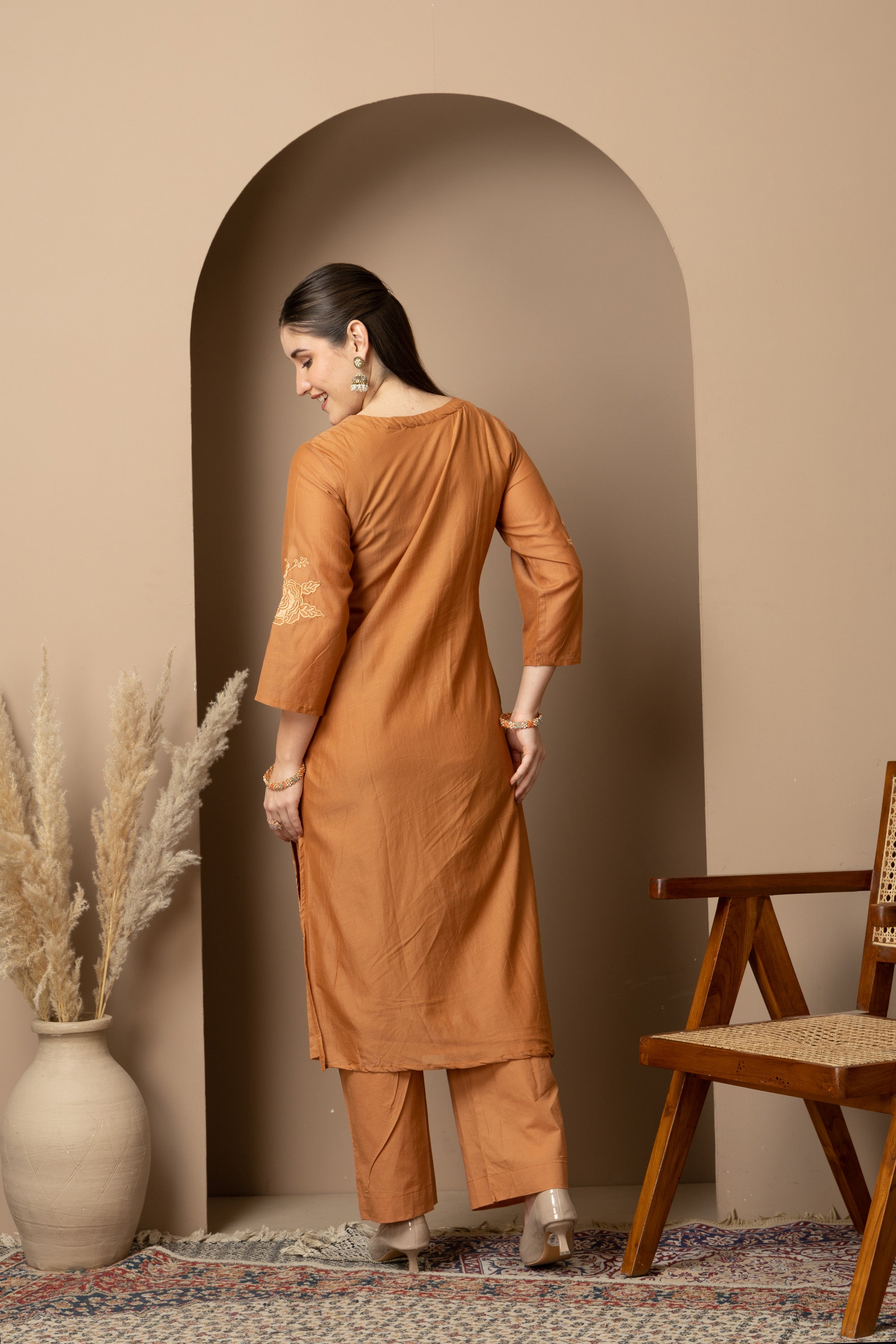 Rust Brown Embroidered Kurta & Pant Set
