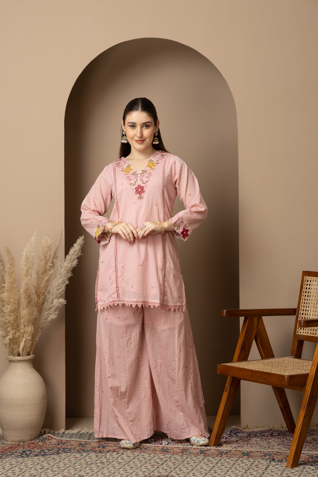 Women's Blush Pink Embroidered Kurta Palazzo Set with Dupatta