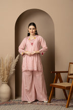Women's Blush Pink Embroidered Kurta Palazzo Set with Dupatta