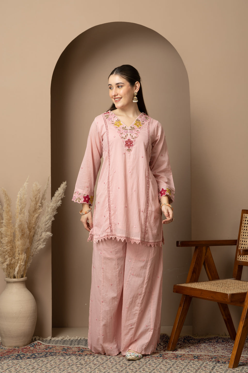 Women's Blush Pink Embroidered Kurta Palazzo Set with Dupatta