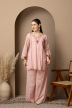 Women's Blush Pink Embroidered Kurta Palazzo Set with Dupatta