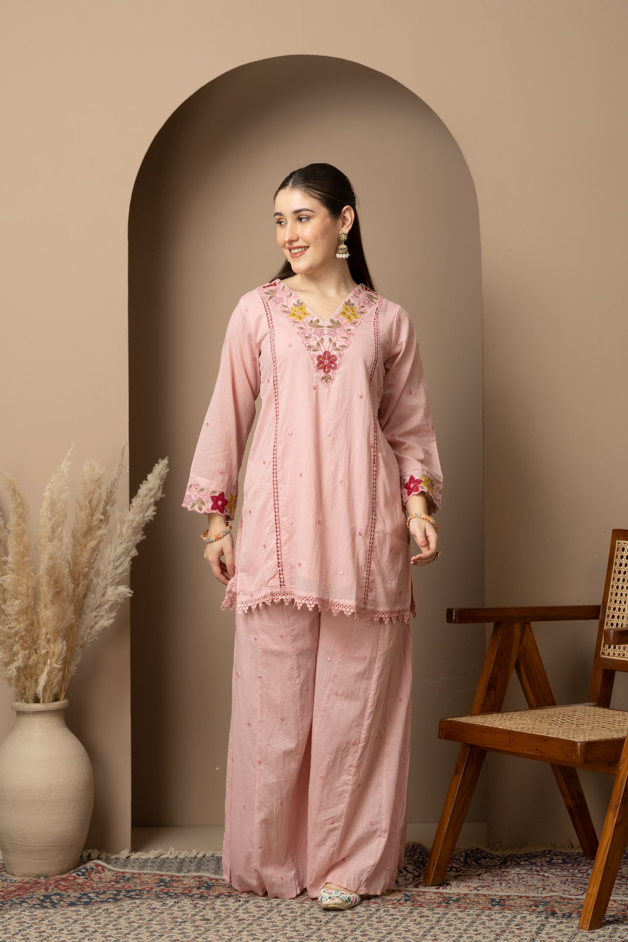 Women's Blush Pink Embroidered Kurta Palazzo Set with Dupatta